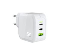 Green Cell CHARGC08W Chargeur Secteur 65W, 3 Ports (1x USB-A 3.2 Gen 1, 2x USB-C), Quick Charge 3.0, USB Power Delivery 3.0, Blanc, 100-240V