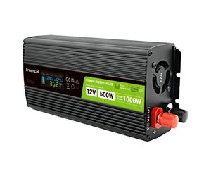 Green Cell Przetwornica napicia PowerInverter LCD 12 V 500W/1000W Przetwornica samochodowa z wywietlaczem - czysty sinus adaptateur de puissance & onduleur Auto Noir