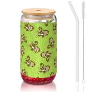 Green Clever Monkey Printing - Verres à eau avec couvercles et pailles, jolis verres à eau pour jus, bière, café, thé - 473 ml