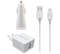 GREEN_E Kit 2USB fastcharge car + secteur + Cable MFI 1,3m blanc