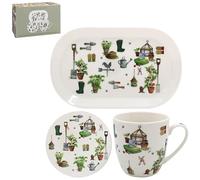 Green Fingers Ensemble tasse en céramique Dessous de verre et plateau de service Thème jardin