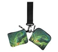 Green Flame Dragon Lot de 2 portefeuilles à double dragonne pour femme Grande capacité Organiseur d'argent avec dragonne pour femme, Dragon flamme verte, 1 size, Décontracté