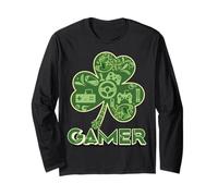 Green Gamer Shamrock Jeux vidéo Patricks Day Jeu de Jeu Manche Longue