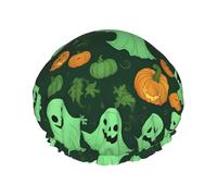Green Ghost Horror Halloween Pumpkin 2 Bonnet de douche réutilisable pour femme, double couche imperméable, essentiels de traitement capillaire
