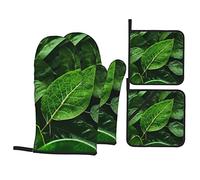 Green Leaf Nature Ensemble gant de cuisine et manique 4 pièces, résistant au four jusqu'à 180 °C, sans danger pour la cuisine et la pâtisserie.