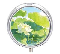 Green Lotus Pond Boîte à pilules ronde portable à 3 compartiments avec miroir pour vitamines, médicaments, compléments alimentaires