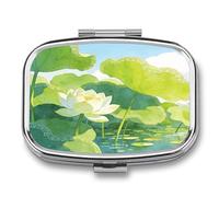 Green Lotus Pond Pilulier de voyage carré portable à 2 compartiments avec rangement de vitamines pour le bureau, la maison, l'huile de poisson