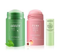 Green Mask Stick 2 Pièce Green Tea Deep Cleanse Mask Green Tea Mask Stick Point Noir Masque Solide pour l'Acné Pores Shrink Masque Visage Peach Mask Stick avec 1 Crème Hydratante Rafraîchissante