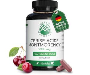 Green Naturals® Cerise Montmorency Haute Dose - 2 100 mg d'extrait 50:1 par dose journalière (équivalent 105 000 mg de fruit) - à partir du fruit entier - vegan, sans additifs - 180 gélules, 2 mois