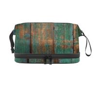 Green Old Wood Board Trousse à maquillage double couche pour femmes et filles, trousse de toilette de voyage, trousse de maquillage pratique avec compartiment à brosse, multicolore, 27x15x14