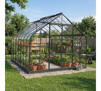 Green Protect Serre de Jardin 13m² Comtesse | Aluminium Anthracite et Verre Trempé 4mm | Embase Acier Galvanisé Incluse | 4 Lucarnes Ventilation | Double Porte Coulissante