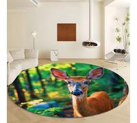 Green Round Rugs Diameter 140 cm Machine Washable, Soft Low-Pile Indoor Circle Carpets with Non-Slip Backing - Photography Style Forest Animal Deer for Living Room Bedroom Kitchen Nursery