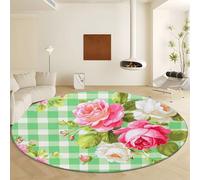 Green Round Rugs Diameter 60 cm Machine Washable, Soft Low-Pile Indoor Circle Carpets with Non-Slip Backing - Vintage Style Plant Rose Pattern for Living Room Bedroom Kitchen Nursery