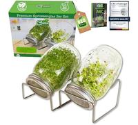 Green SEEDS Bocal à germes 2 Set de 1000ml avec Couvercle à Grille en Acier Inoxydable de Haute qualité, Support + ABC des germes Gratuit [E-Book]