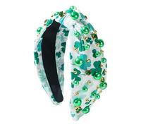 Green Shamrock Headband, St Patrick's Day Knotted Clover Headband, Embellished with Crystal Rhinestones, Irish Holiday Hair Accessory, St Patrick's Day Green Headband for Women