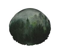 Green Tree Misty Paysage Impression Bonnet De Douche Élastique Réutilisable Femmes Bonnet De Bain Double Couche Bonnet De Douche Imperméable, Pour Dames Spa Salon