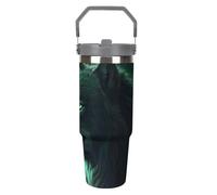 Green Wolf - Gobelet de 887 ml avec paille, tasse de voyage isotherme en acier inoxydable avec poignée, tasse à café sous vide à double paroi, couvercle anti-fuite, garde les boissons chaudes/froides