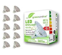 greenandco 10x Ampoule LED MR16 GU5.3 | CRI 90+ | 6W 360 lm | 3000K blanc chaud | 110° | 12V AC/DC | non dimmable