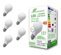 greenandco 5x IRC 90+ Ampoule à Filament dépolie LED E27 6W (équivalent 48W) 600lm 2700K (blanc chaud) 360° 230V Verre, aucun scintillement, non-gradable