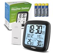 GreenBlue GB542 Station météo sans fil avec horloge DCF, double réveil, thermomètre, capteur sans fil intérieur et extérieur, grand écran LCD + 4 piles industrielles AAA