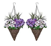 GreenBrokers 2 x Artificielle en Forme de cône paniers Suspendus avec Violet et Blanc Fleurs et Herbes décoratif (Lot de 2)