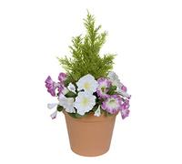 GreenBrokers Jardinière Artificielle en Plastique Terre Cuite avec pétunias Roses et Blancs et topiaire de cèdre, Taille Unique