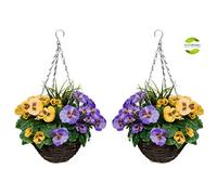 GreenBrokers Lot de 2 paniers Suspendus avec Fleurs Violettes et Jaunes et Herbes décoratives Violet et Jaune