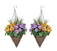 GreenBrokers Lot de 2 paniers Suspendus en Forme de cône avec Fleurs Violettes et Jaunes et Herbes décoratives