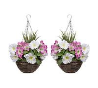 GreenBrokers Lot de 2 paniers Suspendus Ronds artificiels en rotin Rose et Blanc et Herbes décoratives