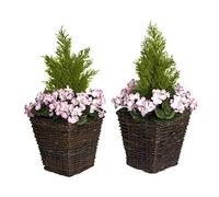 GreenBrokers Lot de 2 Pots de Fleurs artificiels en rotin avec géraniums Roses et cèdre topiaire