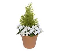 GreenBrokers Pot de Fleurs Artificiel en Plastique Blanc Terre Cuite avec géraniums et cèdre topiaire