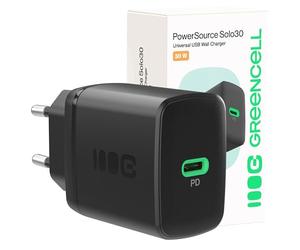 Greencell PowerSource Solo30 Chargeur USB-C Power Delivery Noir 30 W iPhone 17/Pro/Pro Max/iPhone Air/16/15, MacBook, Pixel 9, iPad, Samsung Galaxy S25 Ultra/S24 Series
