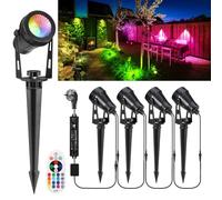 Greenclick Éclairage de jardin LED 15m 4pcs RGB Spot de jardin avec pointe de sol électrique 12V 3W 1200lm Lampe de jardin colorée IP65 étanche Lampe de jardin colorée avec minuterie à télécommande