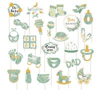 Greenery Lot de 25 accessoires de douche pour bébé Vert sauge Accessoires de selfie pour garçons et filles Boho Jungle Safari neutre Sexe Woodland Bienvenue Oh Sweet Baby Douche Décor
