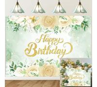 Greenery Toile de fond « Happy Birthday » à paillettes, feuilles d'eucalyptus vertes, dorées, fleurs blanches et roses pour photographie de filles et femmes, décorations de fête d'anniversaire (240 x