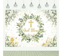 Greenery Toile de fond pour baptême avec dieu bénédiction pour séance photo, arrière-plan pour première communion, baptême, accessoires de stand (238,8 x 1,8 m)