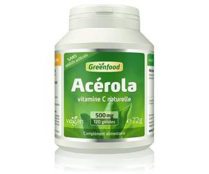 Greenfood Acérola, 500 mg, dose élevée, 120 gélules - une source idéale de Vitamine C naturelle- Sans additifs artificiels. Sans génie génétique.Vegan.