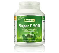 Greenfood Super C, 500 mg de vitamine C, dose élevée, 180 comprimés - avec acerola, pointe de rose et bioflavonoïdes, aide à réduire la fatigue .SANS additifs artificiels. Sans génie génétique. Vegan.