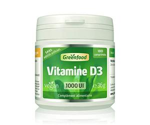 Greenfood Vitamine D3, 1000 UI, dose élevée, 180 comprimés, vegan - dérivés de lichens. Pour au maintien d'une dentition normale - SANS additifs artificiels. Sans génie génétique.