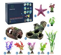 GreenJoy Lot de 12 décorations aquatiques pour aquarium avec grotte en bois, cachette de tonneau, plantes artificielles en plastique et étoile de mer en résine - Petits accessoires