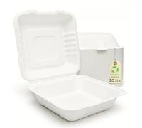 Greenkaufen Lot de 50 boîtes à hamburger jetables en bagasse - XXL - 200 x 215 x 80 mm - Blanc - Boîtes à goûter - Boîtes d'emballage biodégradables et respectueuses de l'environnement