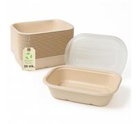 Greenkaufen Lot de 50 bols à bagasse de 700 ml avec couvercle en PET - Jetables en canne à sucre - Compostables, résistants à la graisse, passent au micro-ondes - Pour la maison, la restauration et la