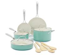 GreenLife Artizan Batterie de Cuisine en Antiadhésive Céramique Saine, 12 Pièces, Sans PFAS, Poignée en Acier Inoxydable, Compatibles avec l'induction, Lavable au lave-vaisselle, Va au Four, Turquoise