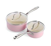 GreenLife Artizan Set de Casseroles 14cm/1L & 18cm/2L en Antiadhésive Céramique Saine, Sans PFAS, Poignée en Acier Inoxydable, Convient avec l'induction, Va au Lave-Vaisselle & au Four, Rose