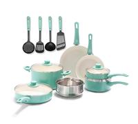 GreenLife Soft Grip Batterie de Cuisine avec Revêtement Antiadhésif Sain en Céramique Sans PFAS 15 pièces, Avec Poêles, Casseroles, Faits-touts,Marmites,Induction,Lave-vaisselle,Jusqu'à Four,Turquoise