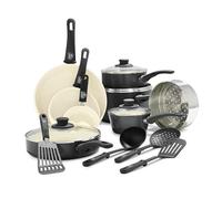 GreenLife Soft Grip Batterie de Cuisine avec Revêtement Antiadhésif Sain en Céramique Sans PFAS 16 Pièces, Avec Poêles, Casseroles, Faits-touts,Marmites,Lave-vaisselle,Compatible au Four,Noir et Crème