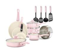 GreenLife Soft Grip Batterie de Cuisine avec Revêtement Antiadhésif Sain en Céramique Sans PFAS 16 Pièces, Avec des Poêles, Casseroles, Faits-touts, Marmites, Lave-vaisselle, Compatible au Four, Rose