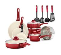 GreenLife Soft Grip Batterie de Cuisine avec Revêtement Antiadhésif Sain en Céramique Sans PFAS 16 Pièces, Avec des Poêles, Casseroles, Faits-touts, Marmites, Lave-vaisselle, Compatible au Four, Rouge