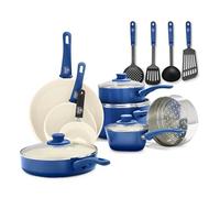 GreenLife Soft Grip Batterie de Cuisine avec Revêtement Antiadhésif Sain en Céramique Sans PFAS 16 Pièces, Avec des Poêles, Casseroles, Faits-touts, Marmites, Lave-vaisselle, Compatible au Four, Bleu