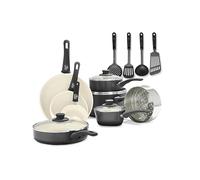 GreenLife Soft Grip Batterie de Cuisine avec Revêtement Antiadhésif Sain en Céramique Sans PFAS 16 Pièces, Avec Poêles, Casseroles, Faits-touts,Marmites,Lave-vaisselle,Compatible au Four,Noir et Crème